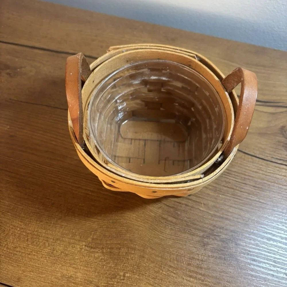Longaberger 1998 Round Button Basket with Leather Handles and Plastic Protector
